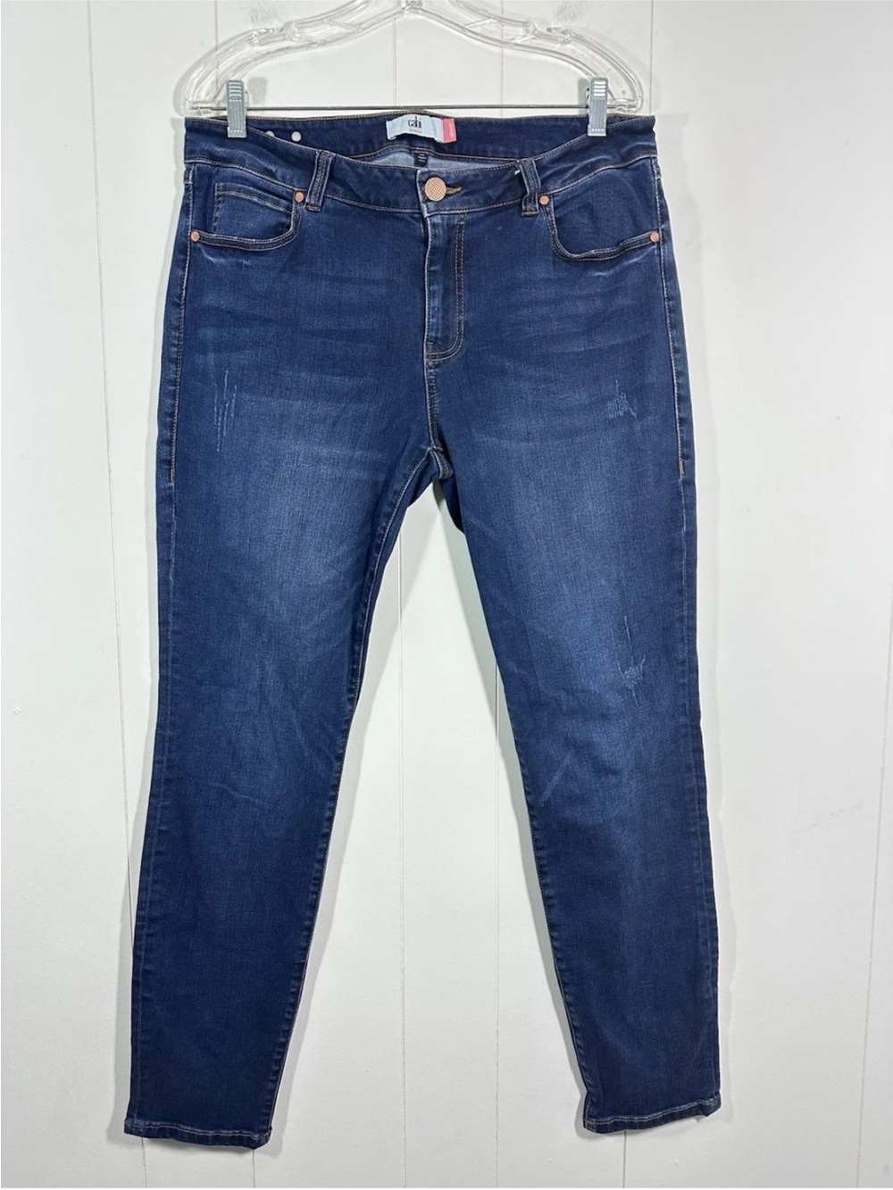 CAbi Size 14 Skinny Denim Blue Jeans Medium Wash Button Zip Solid 5-Pocket